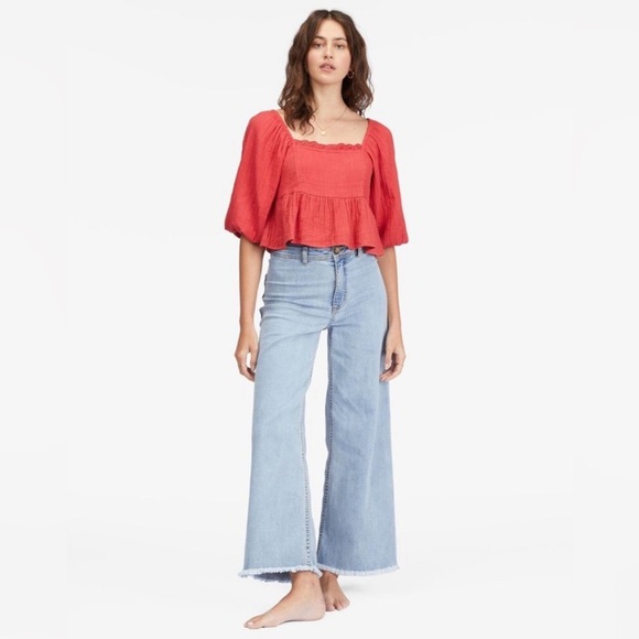 BILLABONG Cross My Heart Puff Sleeve Crop Top Size L - Picture 2 of 9